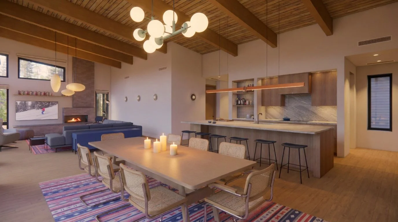 mountain house, natural daylight, midcentury modern, interior design, midcentury mountain