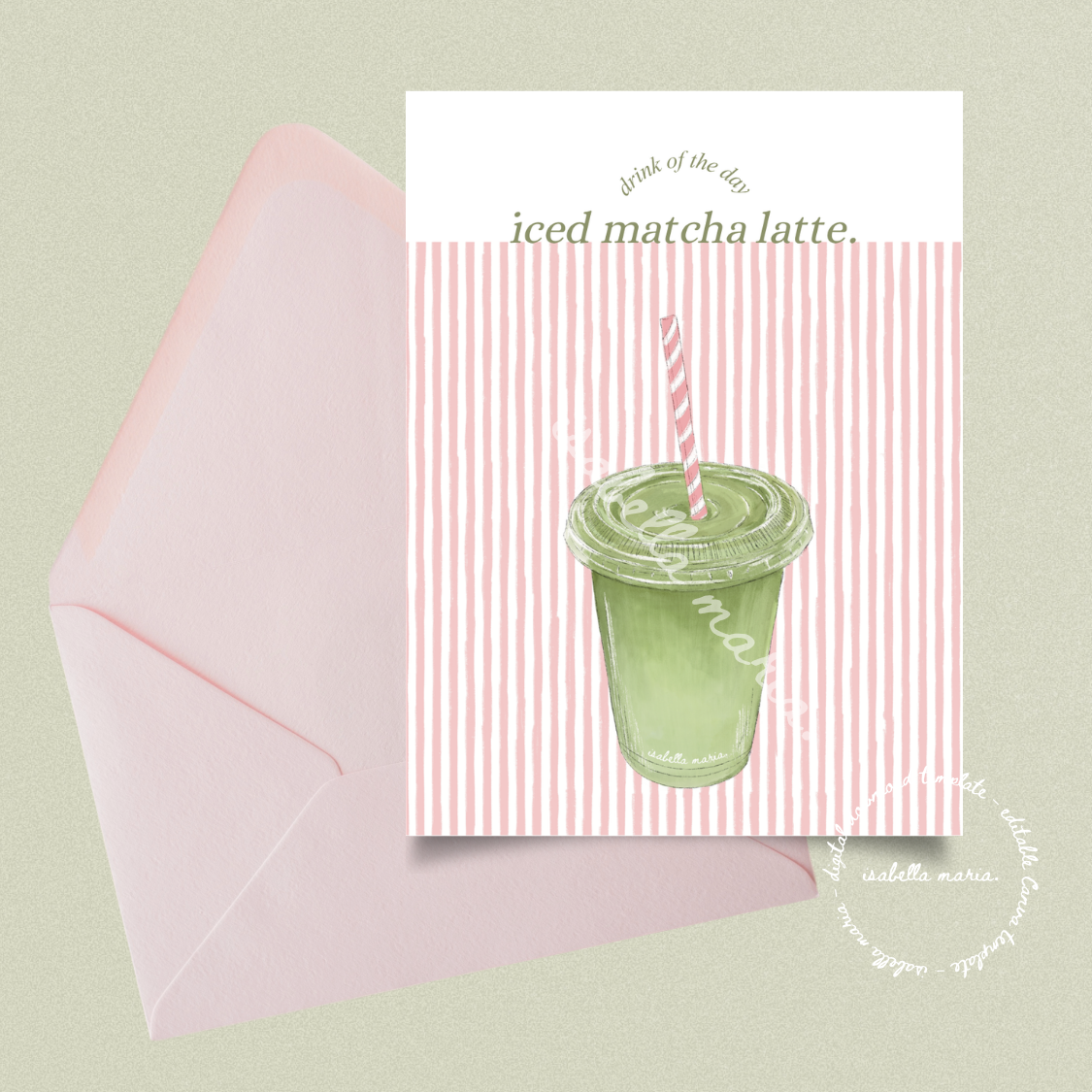 iced matcha latte hand drawn digital invite template personalized on ...