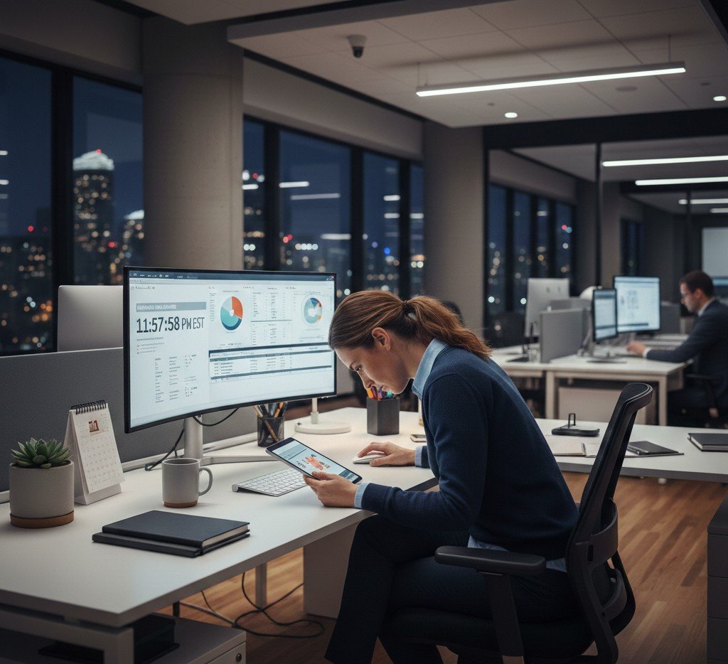 A woman in a blue business suit sitting at a desk in a modern office at night, looking at her smartphone with multiple computer monitors displaying charts and data.