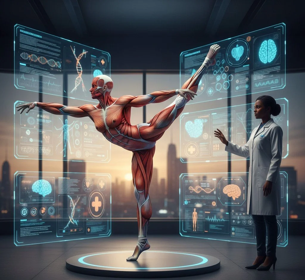 A futuristic medical scene showing a human anatomical model performing a yoga pose, with a doctor observing and digital medical data floating around.