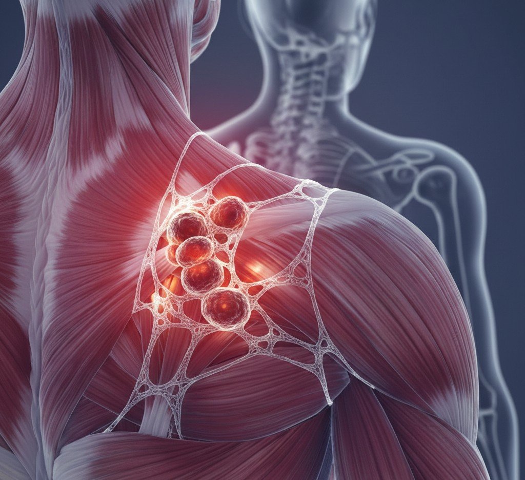 A detailed medical illustration of the human shoulder showing muscles, bones, and a cluster of cells or knots with a red glow, indicating inflammation or infection.