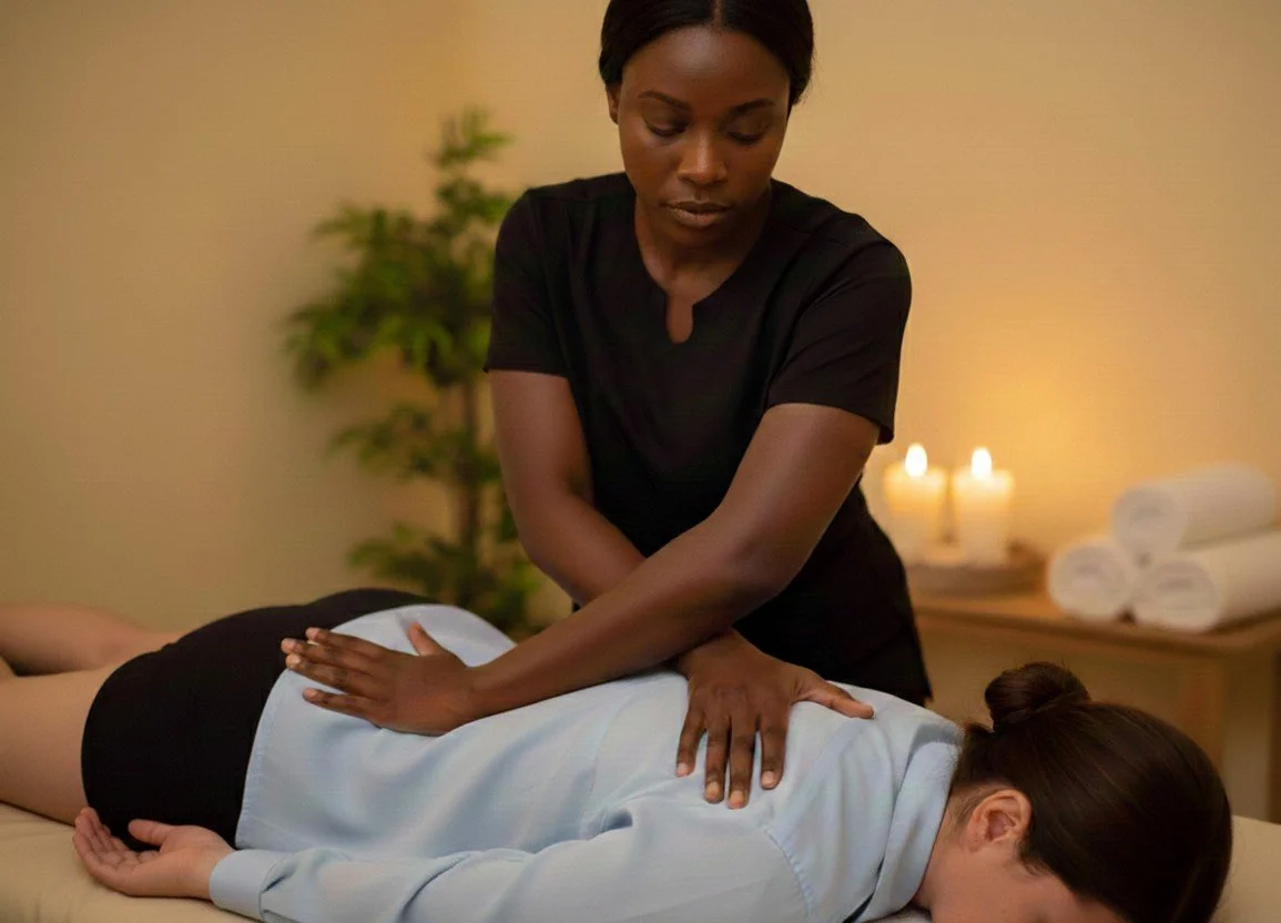 A practitioner providing acupressure to a client lying face down on a treatment table in a softly lit room.