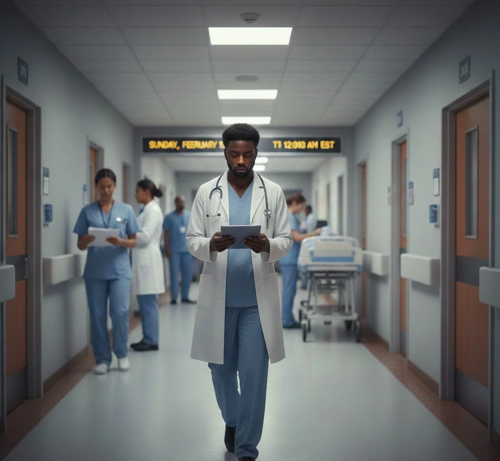 A group of medical professionals, including doctors and nurses, walking down a hospital corridor, with one doctor in the foreground looking at a tablet, and a digital sign displaying date and time in the background.