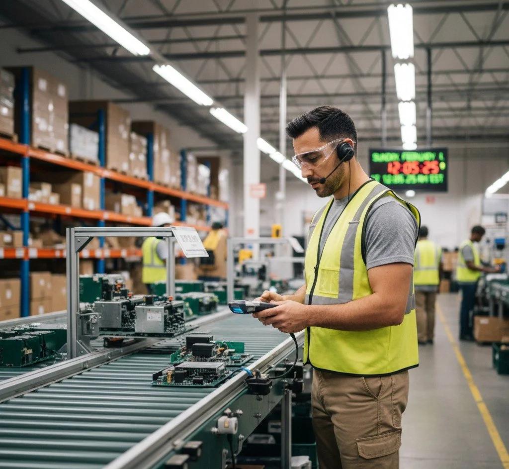 Worker with safety vest and headset inspecting electronic components on a conveyor belt in a warehouse.