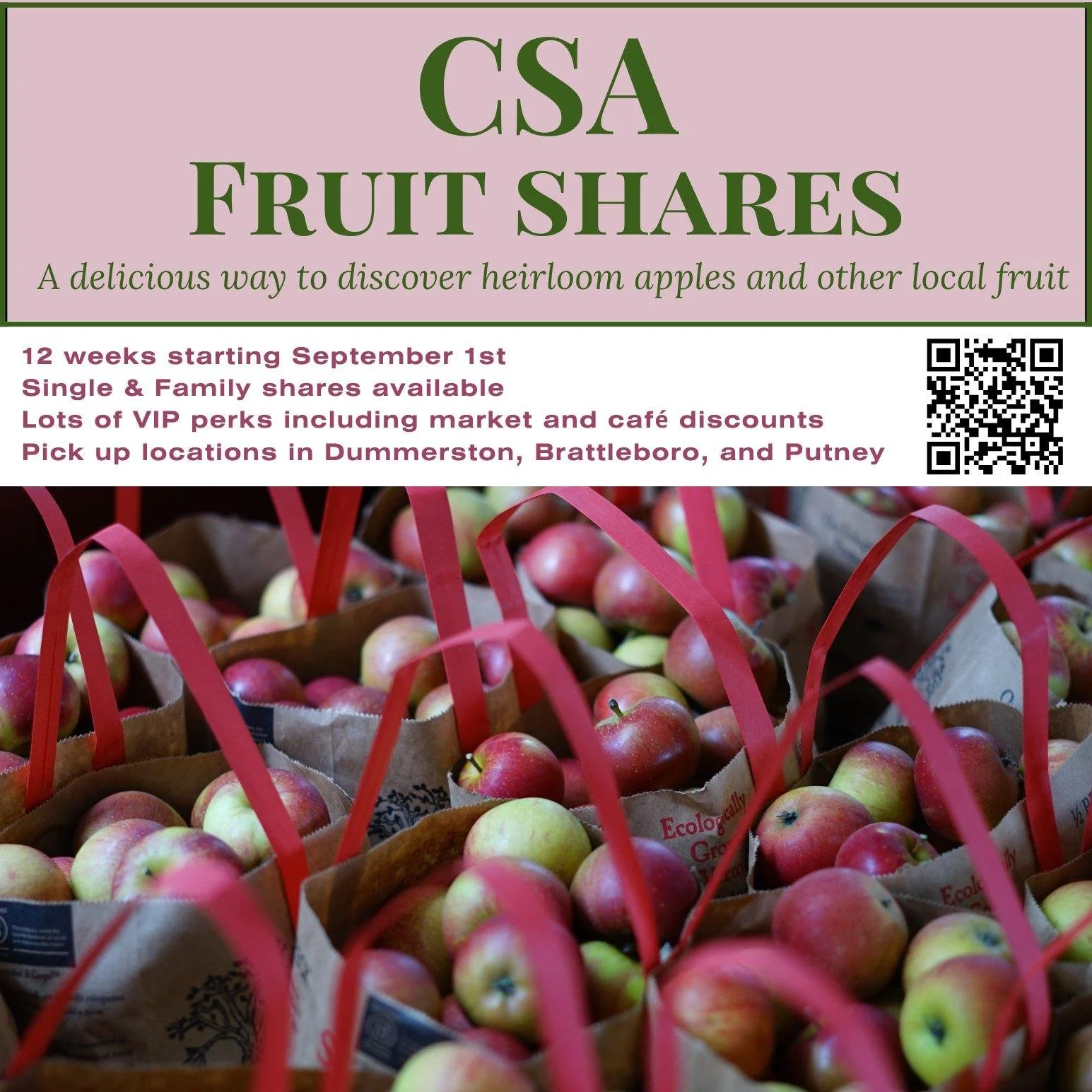 We invite you to join our Fall fruit CSA!
12 weeks of fresh and delicious, ecologically-grown fruit + other perks.
September 1 - November 20
Single and Family Shares
Perks include a VIP card for 10% discounts in our Farm Market and Caf&eacute; + PYO 