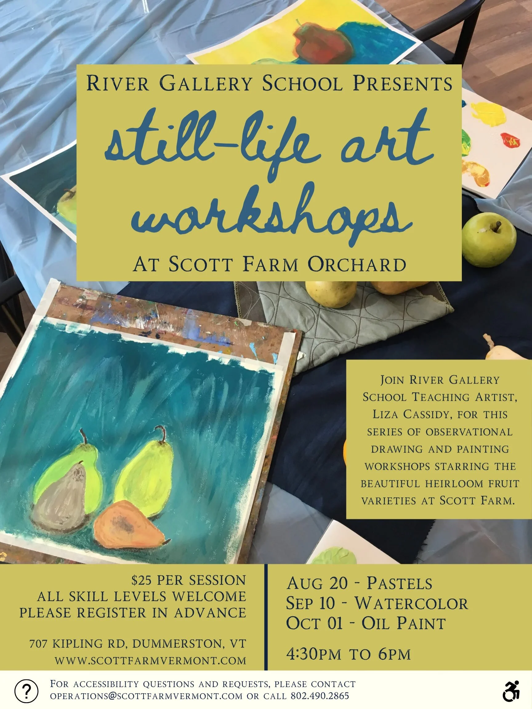 Join River Gallery School Teaching Artist, Liza Cassidy, for a series of observational drawing and painting workshops starring the beautiful heirloom fruit varieties here at Scott Farm. Participants will be guided through observational drawing and pa