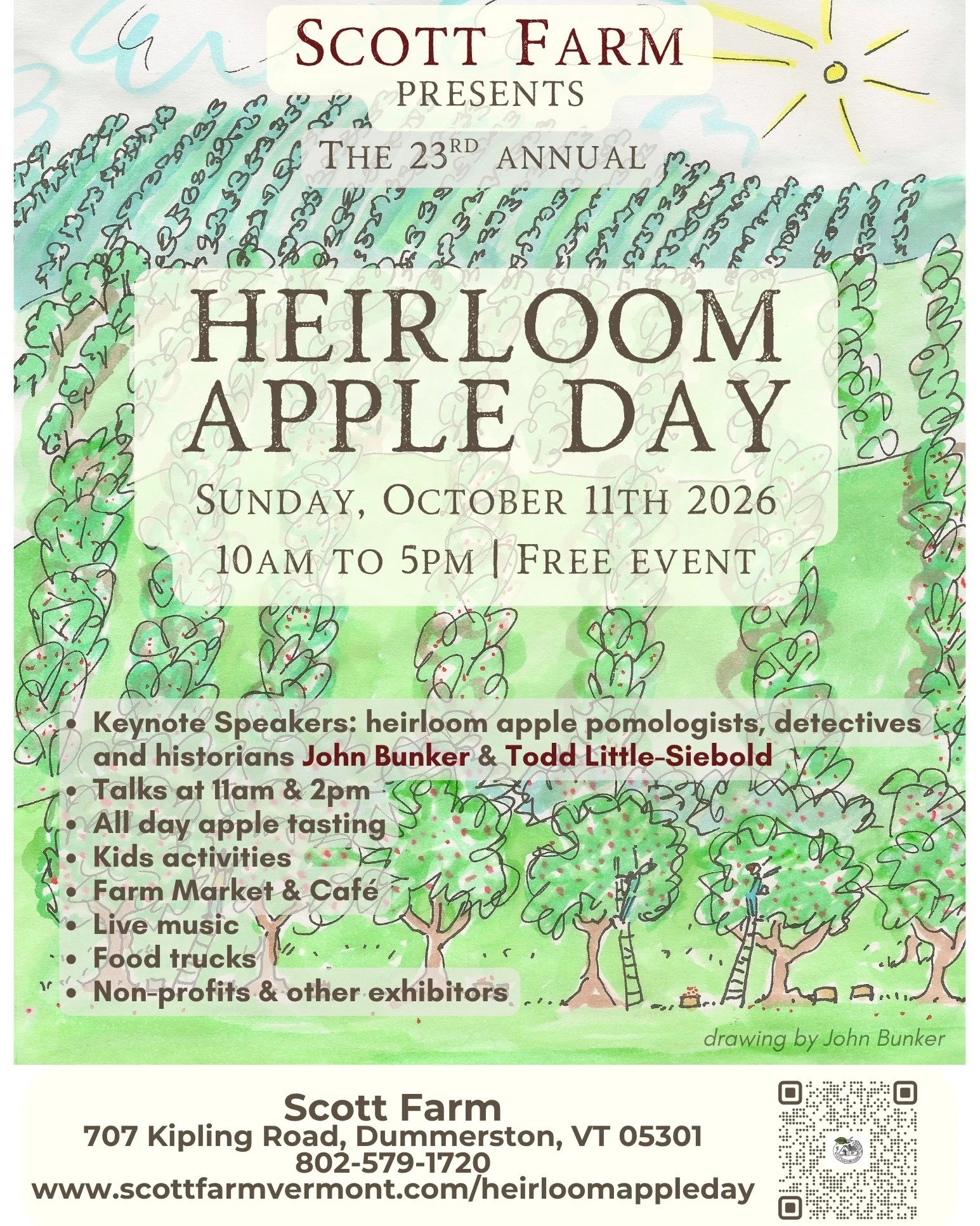 Heirloom Apple Day is coming up Sunday, October 11! Don't miss our biggest **free** event of the year.

Returning this year is the incredible "apple explorer" John Bunker. An expert on American apples and their history, he is one of the fou