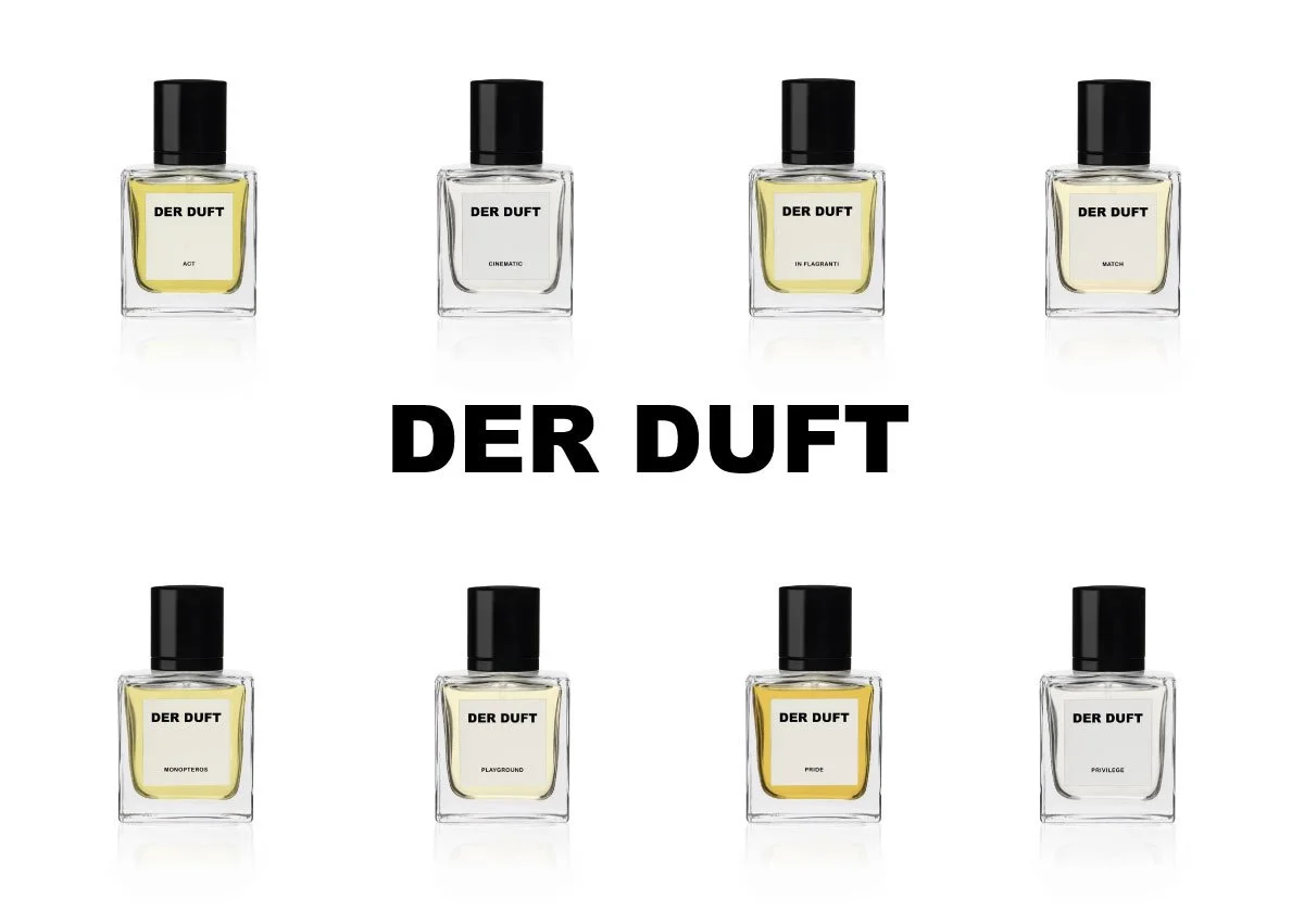 Eight bottles of perfume labeled 'Der Duft' arranged in two rows with four in each row, with bold text 'DER DUFT' in the center.