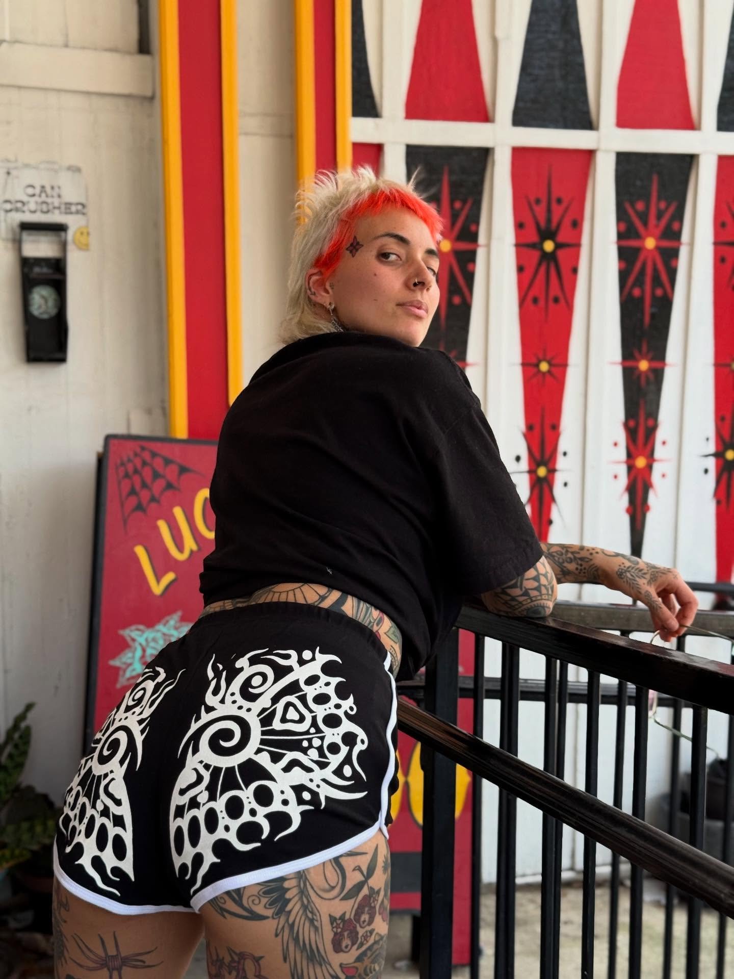 ‼️ NEW BOOTY SHORTS ALERT ‼️ Our new booty shorts are LA Apparel (made ethically in the USA) and printed locally by @_pondscum 🖨️ As of now we have sizes S-XXL, with plus sizes coming SOON. These all run SMALL so SIZE UP.  More sizing details on our