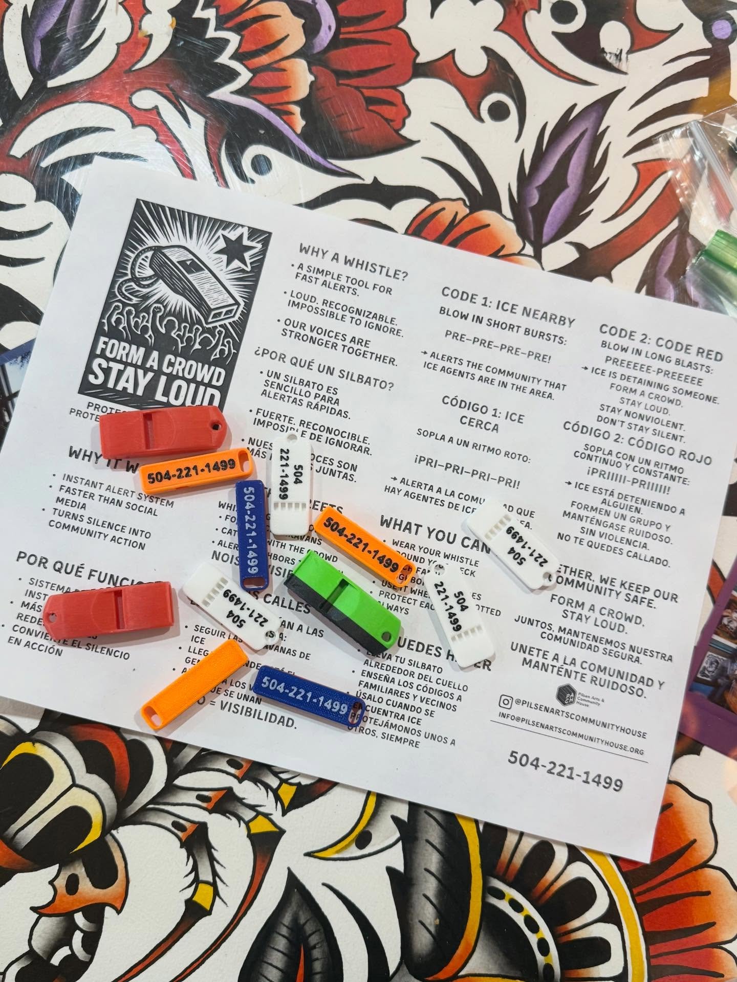 Come grab some whistles from us if you don't have one! 

WHY A WHISTLE? 
A SIMPLE TOOL FOR FAST ALERTS
LOUD. RECOGNIZABLE. IMPOSSIBLE TO IGNORE.
OUR VOICES ARE STRONGER TOGETHER

CODE 1: ICE NEARBY
BLOW IN SHORT BURSTS

CODE 2: CODE RED: ICE IS DETAI