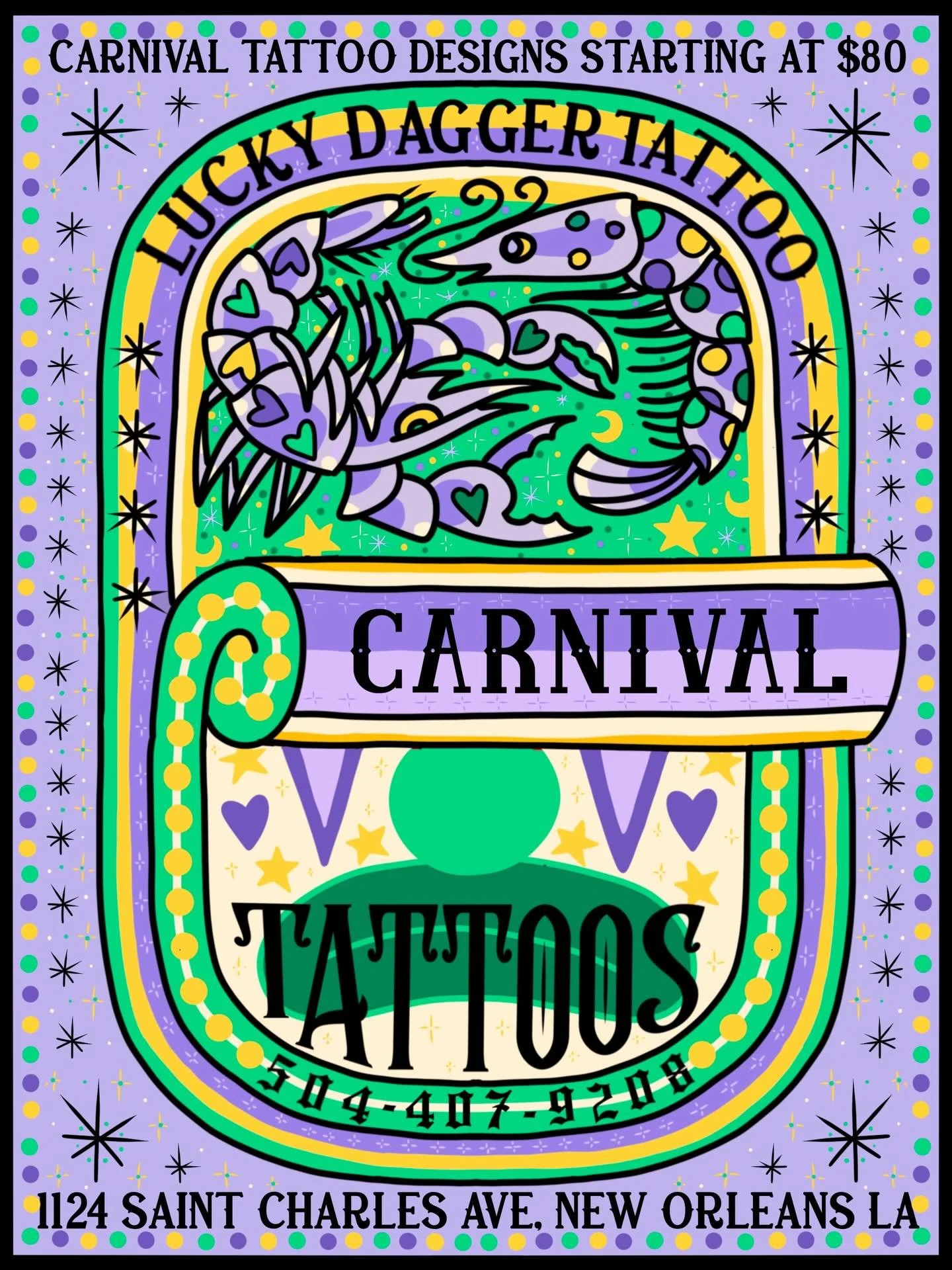 💜💛💚Our carnival tattoo designs are here! 💚💛💜They start at $80 for the smol guys and go up from there. We are open til 9 Friday-Saturday, and open til 7 Sun-Thurs 💗 WALK-INS WELCOME 💗 Call us for availability 💗💚💜💛 Service industry Monday d