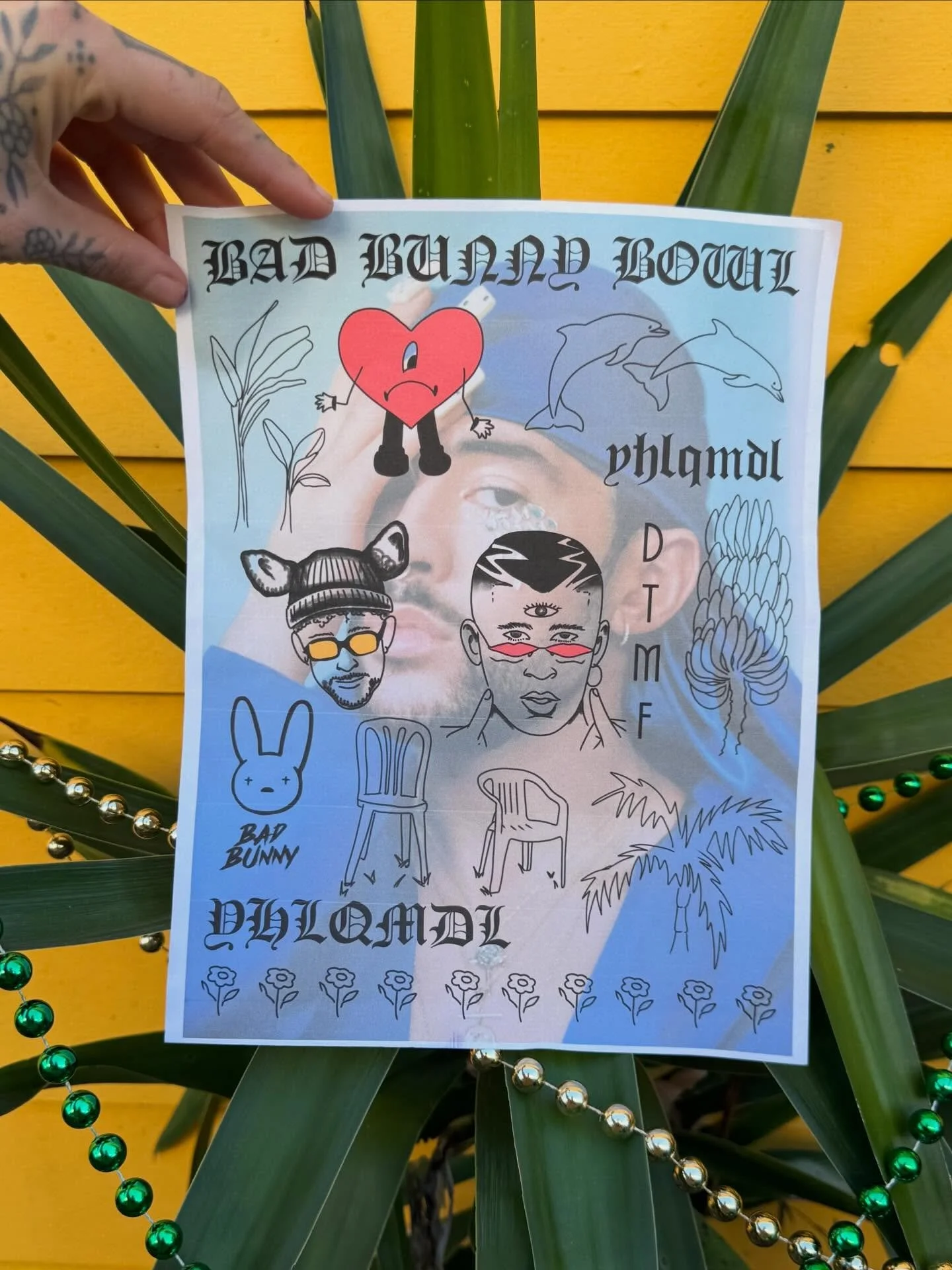 Happy Bad Bunny Bowl 🐰🐰 I didn't know there's football during the Bad Bunny show 🏈 We're open today during Uptown parades, come get a Carnival Tattoo or a Bad Bunny tattoo 💜💛💚 
.
.
.
#carnivaltattoo #mardigrastattoo #badbunnytattoo #badbunnytat