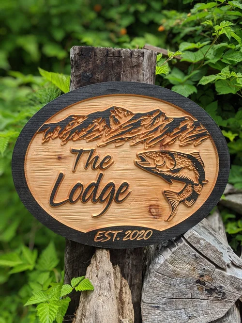 Personalized Carved Cedar Sign — Fish & Mountains