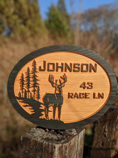 Personalized Carved Cedar Sign — Deer & Pine Trees
