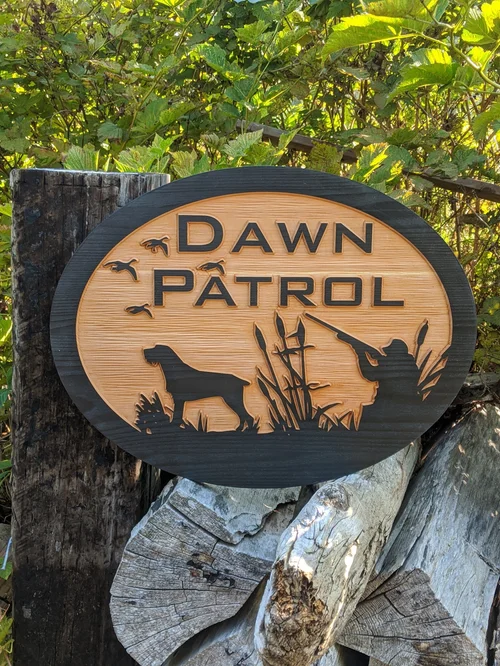Personalized Carved Cedar Sign — Hunting Dog & Hunter