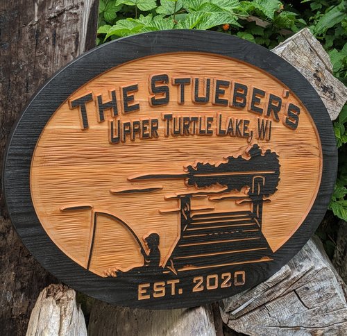 Personalized Carved Cedar Sign — Boy Fishing on a Lake