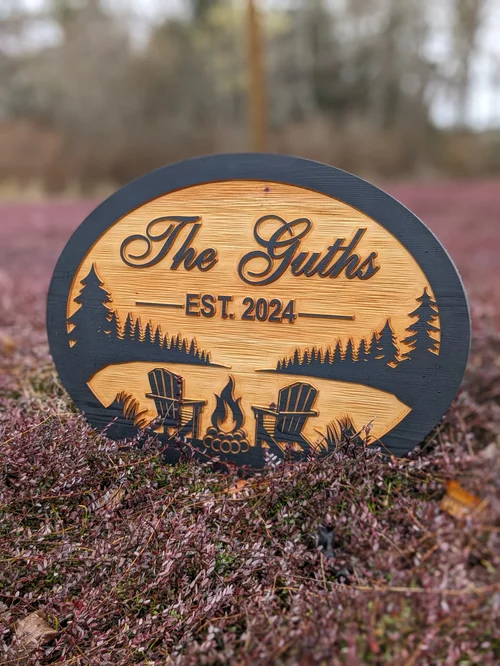 Personalized Carved Cedar Sign — Adirondack Chairs — Flat Horizon
