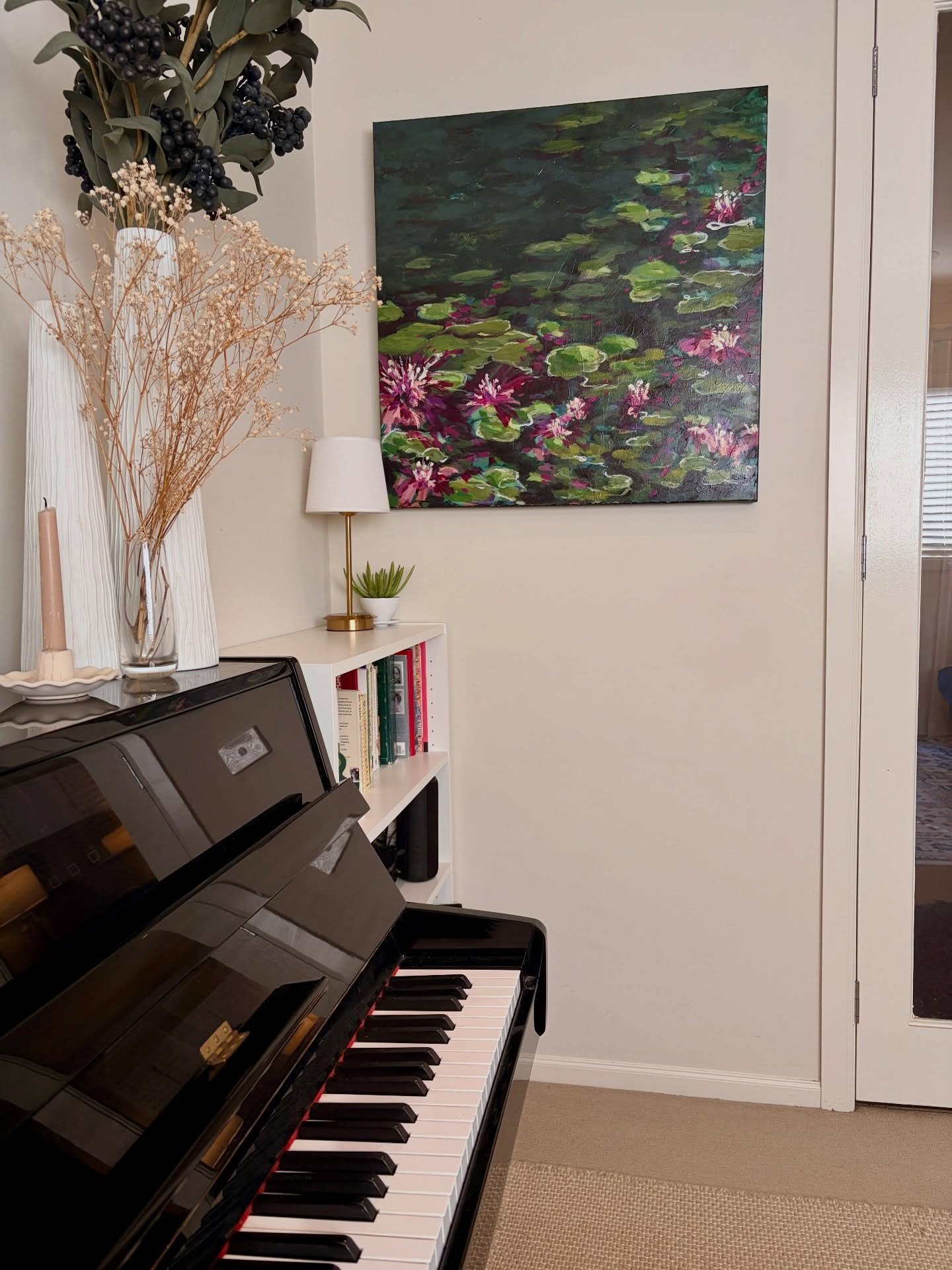 Welcome to my vocal studio, a place where I also display my original paintings. 
Regularly, I find students look at the paintings while singing and draw connections between the music and the line, form, colour, composition of the art. It&rsquo;s a be