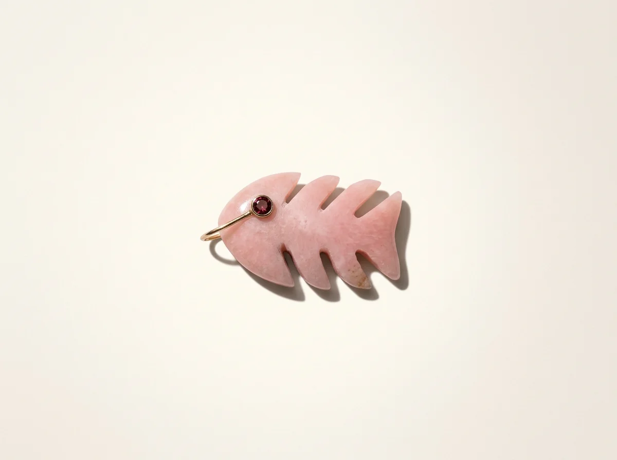 14K Gemstone Skeleton Fish Charm, Pink Opal