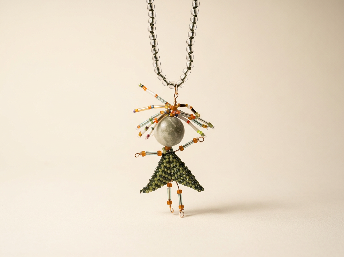 No. 005, Hand Beaded Worry Doll Talisman Necklace