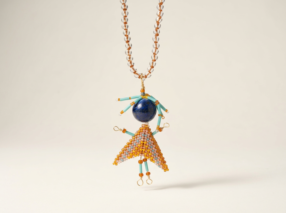 No. 007, Hand Beaded Worry Doll Talisman Necklace