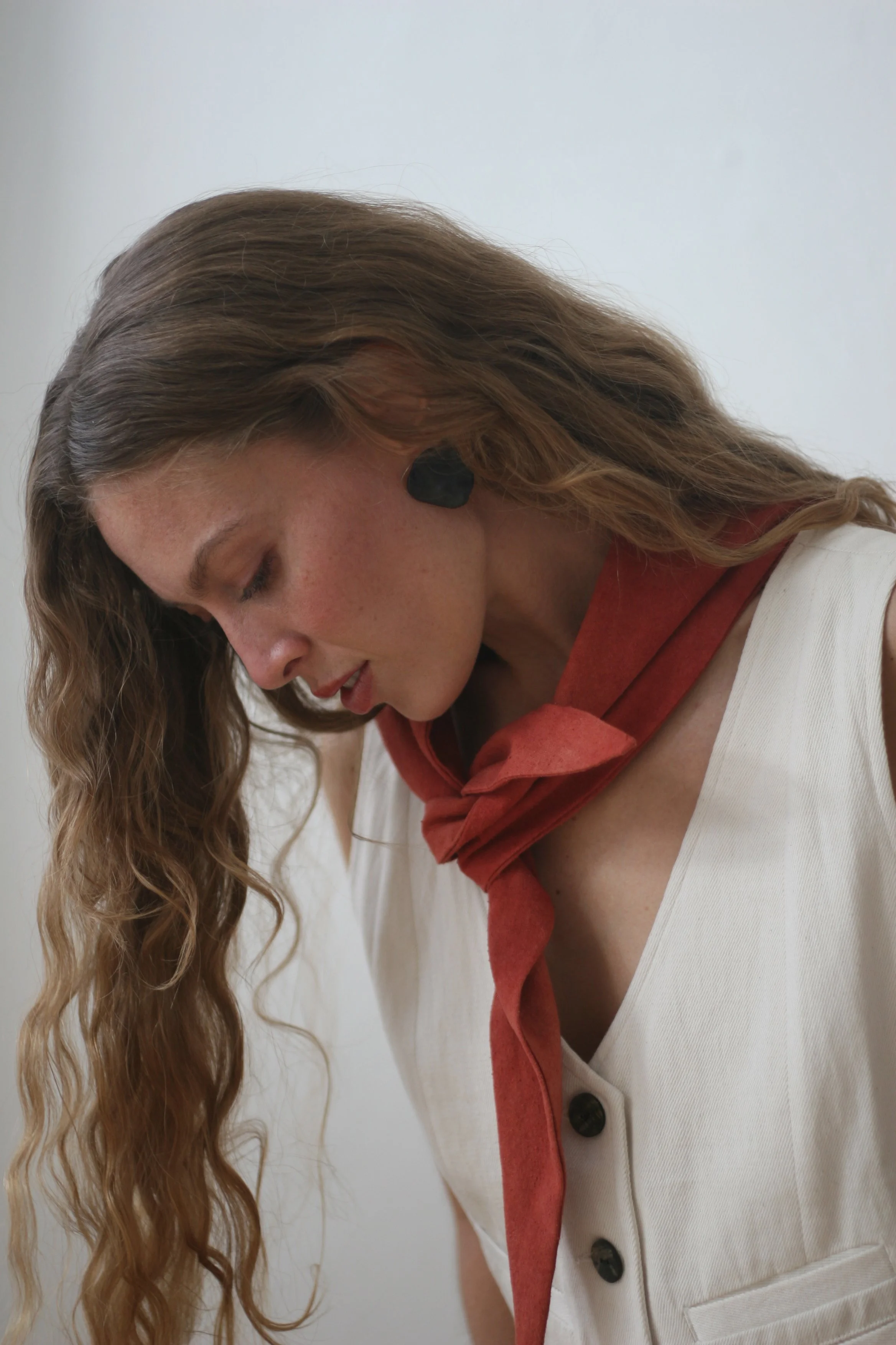 raw silk scarf naturally dyed with madder root and ceramic earrings — collab with Celeste Johnson for Parlour