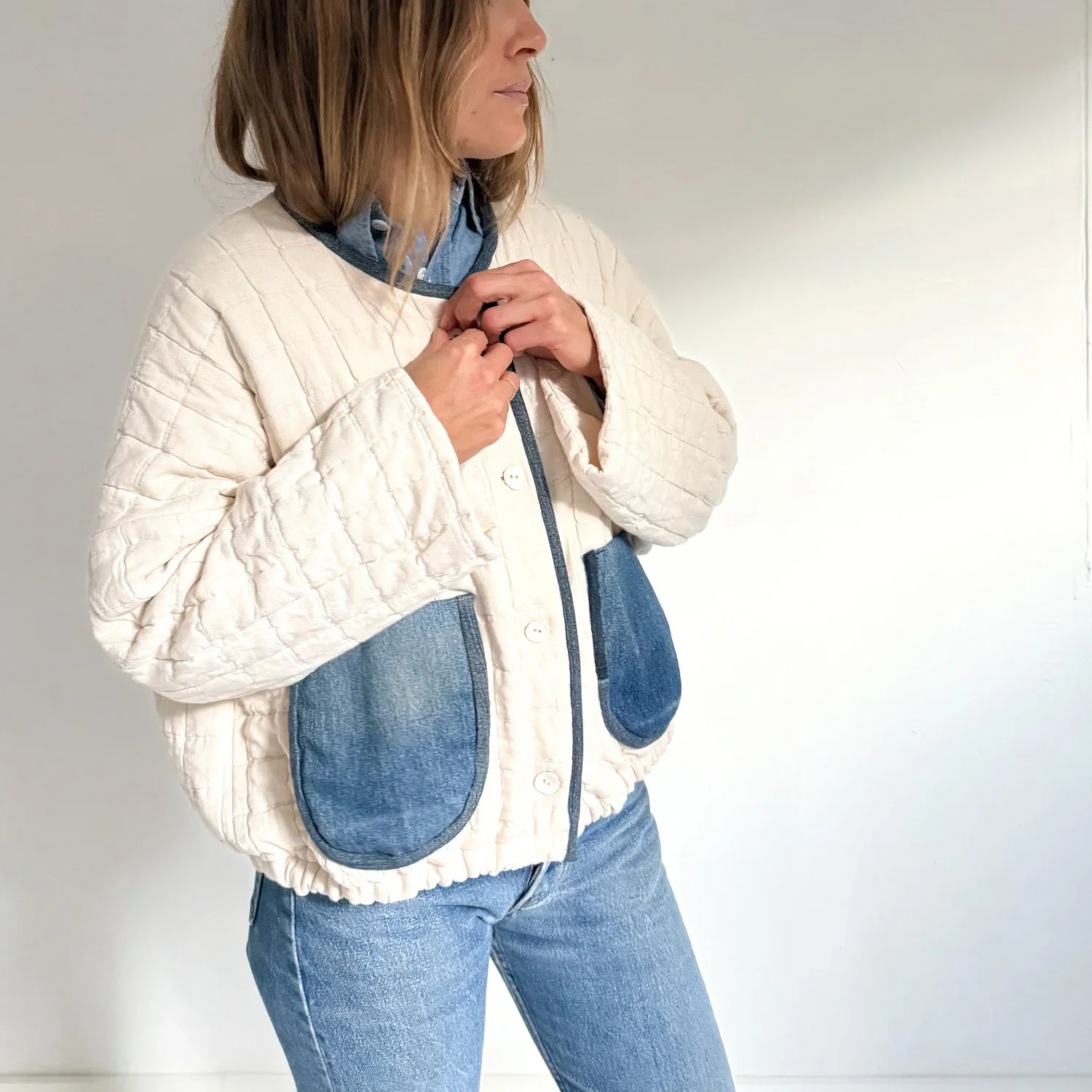 reworked denim quilted jacket for Lu Dale