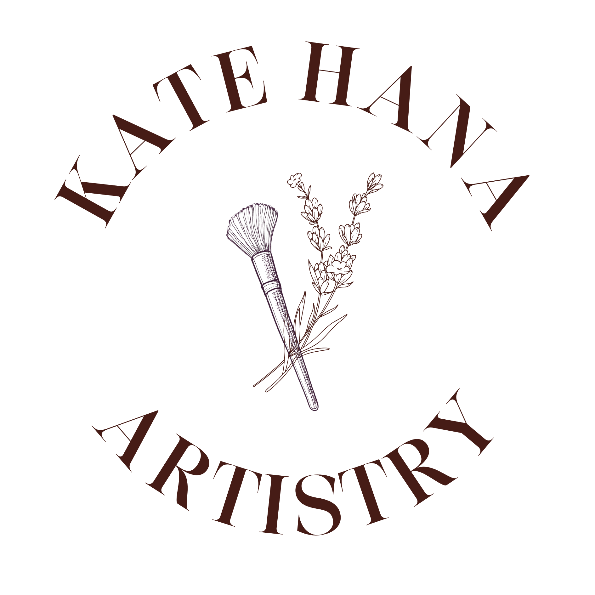 Logo for Kate Hnay Artistry featuring a makeup brush, a sprig of lavender and another bouquet of small flowers, with the text "Kate Hnay Artistry" curved around the top and bottom.