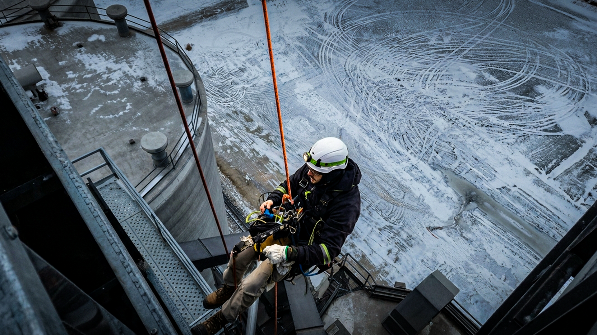 Overhead view of an APEX rope access technician on two ropes beside a grain elevator, with a concrete silo and snowy yard far below.
