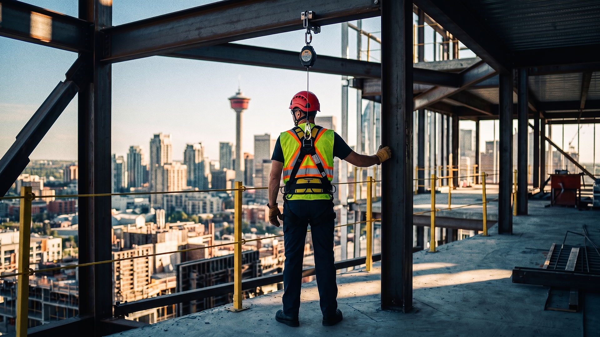Worker wearing a safety helmet and full-body harness connected to an overhead anchor line, standing behind a guardrail on an open high-rise floor with the Calgary skyline in view.