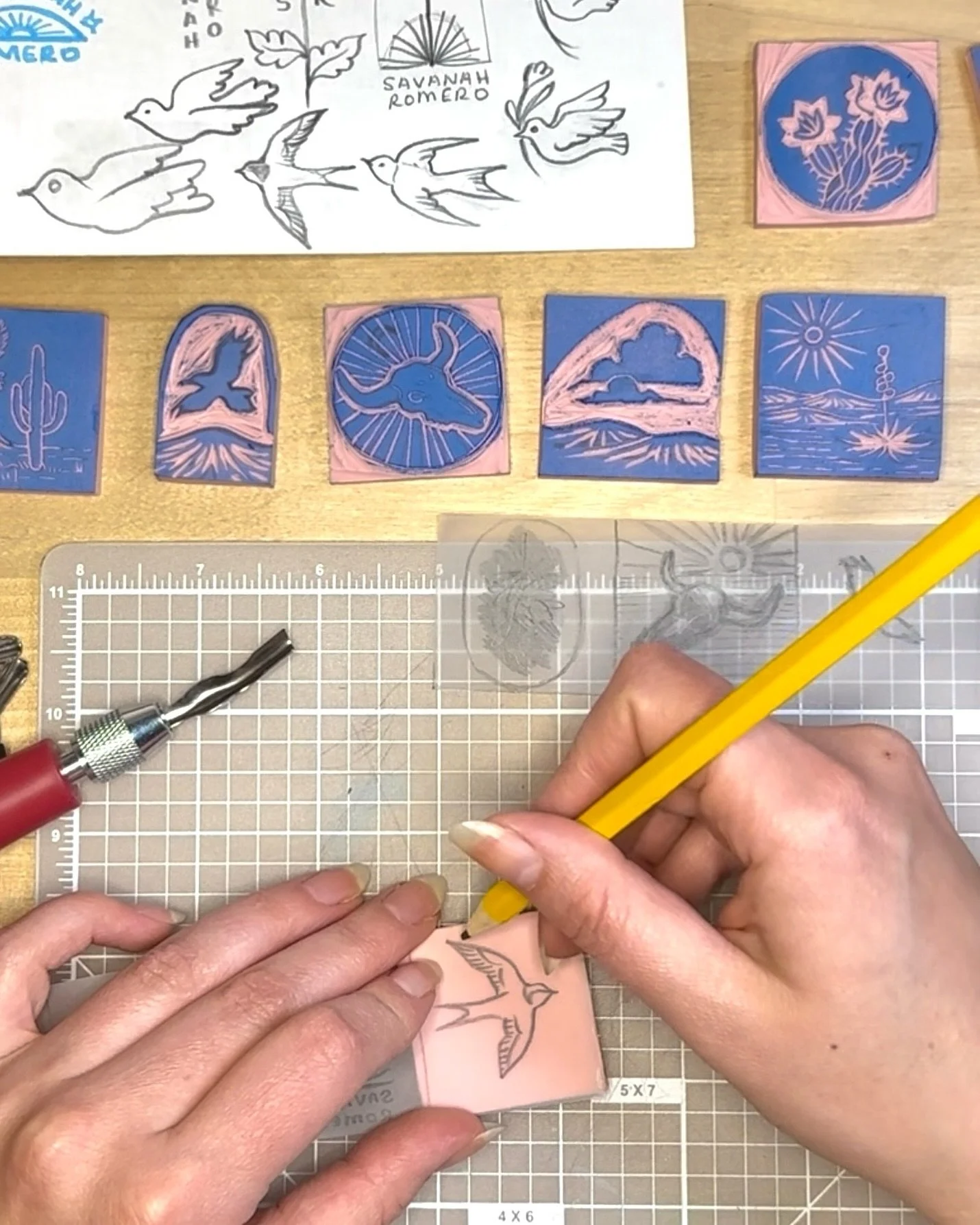 Small sparrow stamp in the works #smallstamps #speedycarve