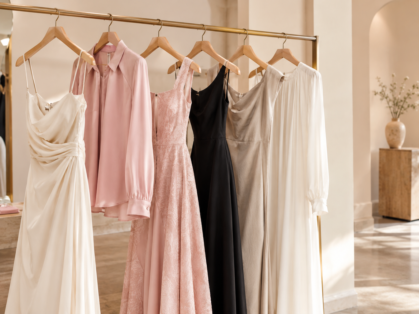 Various elegant dresses hanging on a clothing rack in a boutique, including white, pink, black, and cream-colored dresses.