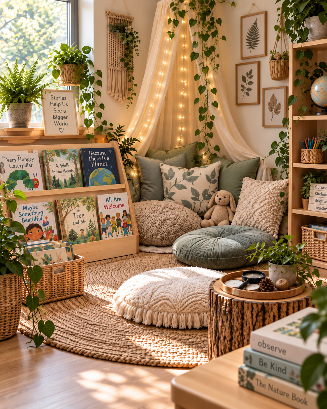 Cozy elementary classroom reading nook with children’s books, soft cushions, plants, natural materials, and flexible seating for independent reading.