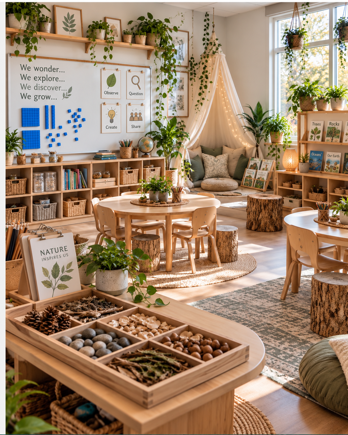 PYP-inspired inquiry classroom with round wooden tables, plants, natural loose parts, accessible materials, and a whiteboard supporting student thinking.