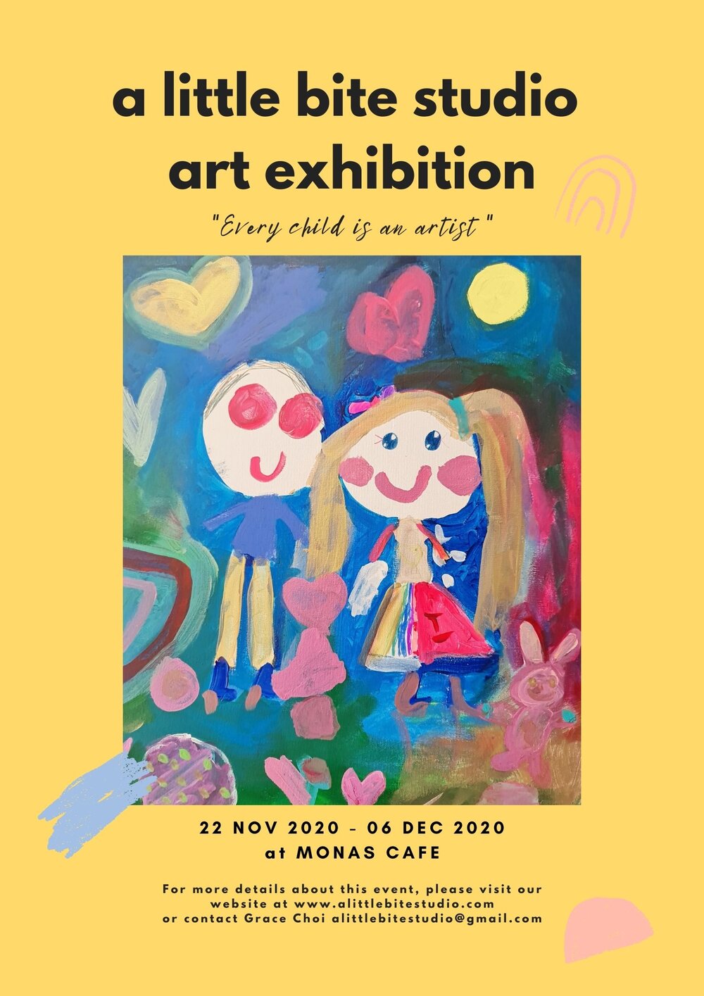 You are invited to our 2020 Art Exhibition Each of our students from A little bite studio have painted their very favourite theme / idea . Every artwork captures innocence, potential and they all have a story to tell. Notice their brushstrokes &amp; mark making. Come along and listen to their stories. and celebrate our Children’s E.O.Y Art Exhibition with us. Come and join us from 22 November at Monas Cafe Shop 1/18 Walker St, Rhodes NSW 2138 To view our last year’s exhibition photos please visit here .