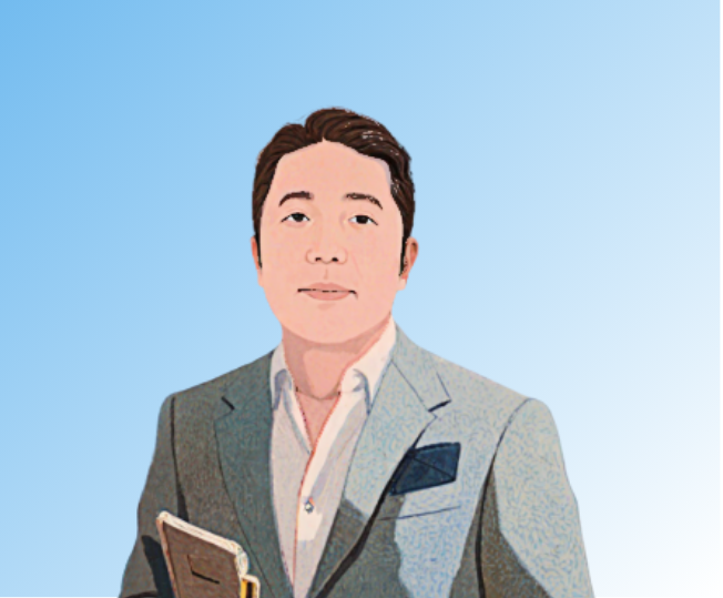 Digital illustration of a man in a grey suit holding a phone, against a light blue background.