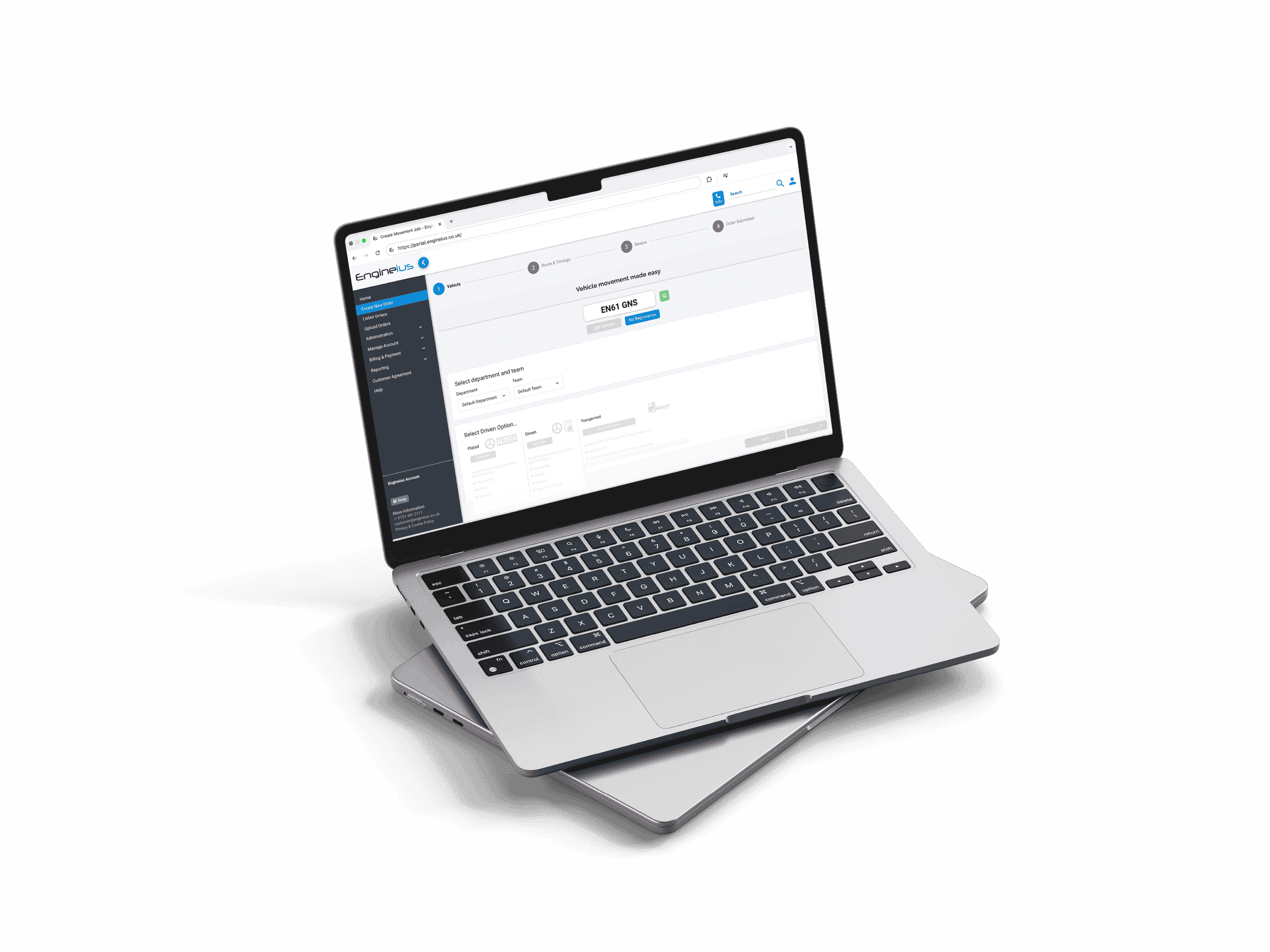 Engineius online portal shown on a laptop, where customers can book, track, and manage vehicle deliveries