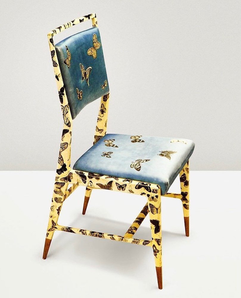 A magical Gio Ponti &amp; Fornasetti side chair produced by Giordano Chiesa, Milan 1950. Lithographic transfer printed wood, walnut and silk. 🦋