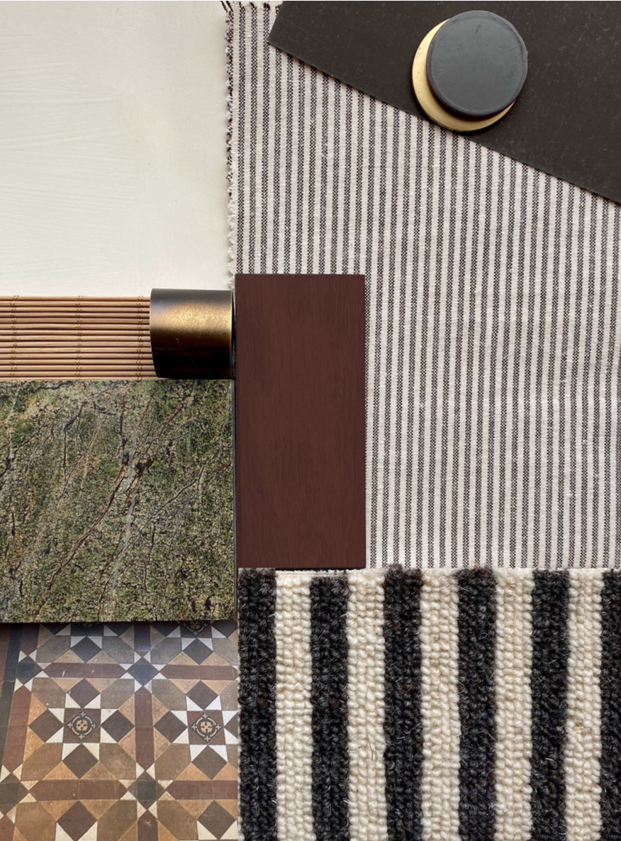 A flat lay of various interior design materials, including fabric swatches, a round black object, a textured tile, and a wooden piece.