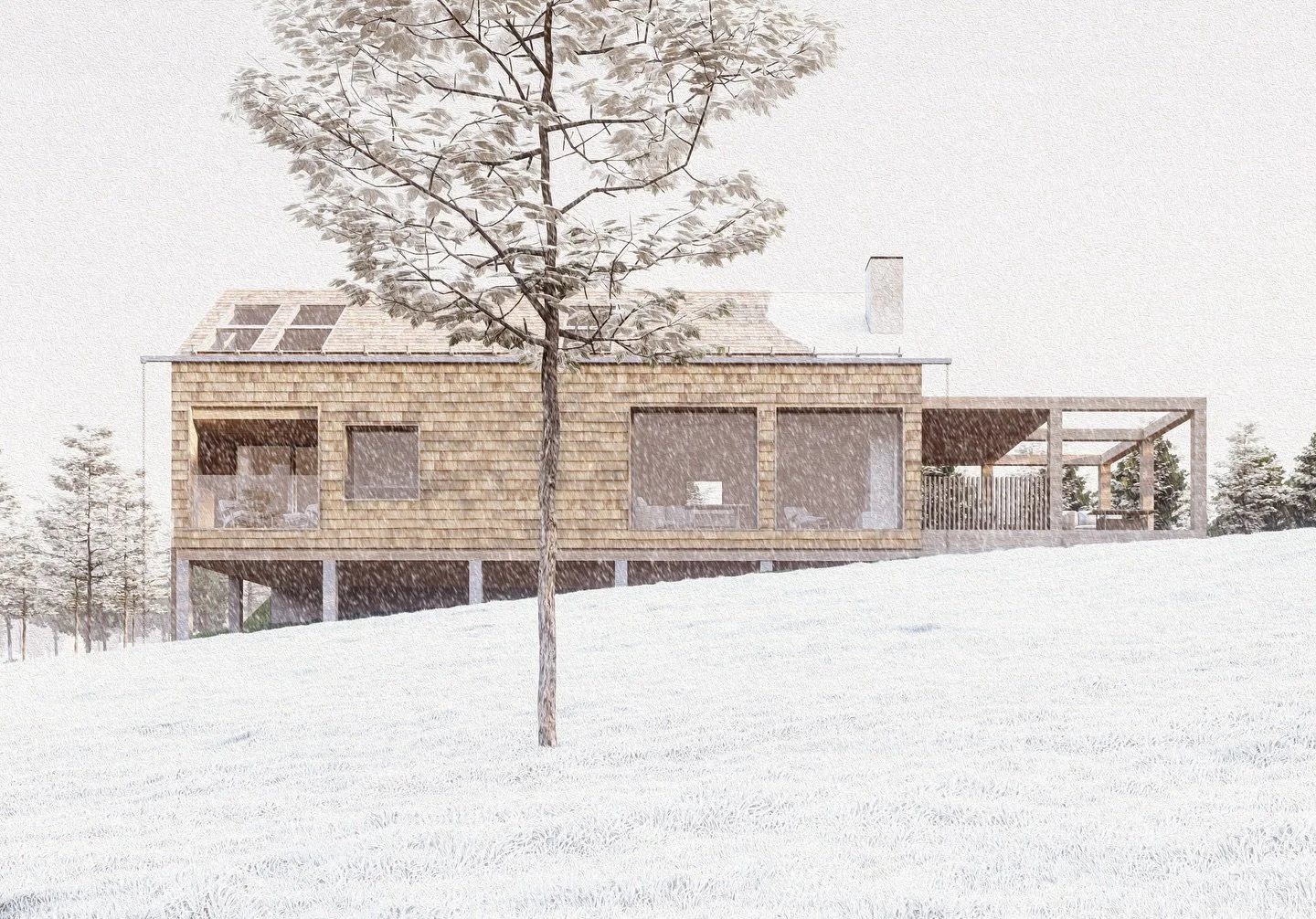 Our design for a new fj&auml;llstuga - or mountain cabin - in the ski and outdoor activity hub of T&auml;nndalen. 

We aimed to create architecture which &lsquo;belong&rsquo; in its place. Here we referenced traditional building forms, characteristic