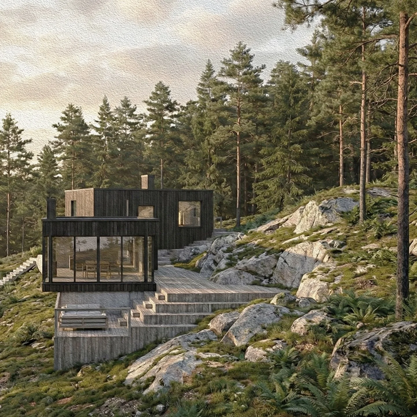 Sketches for our extension &amp; transformation project in Nacka. A tricky assignment, working with extremely challenging topography and an existing building at the top of a hill. Our extension is designed as a separate yet connected volume, stepping