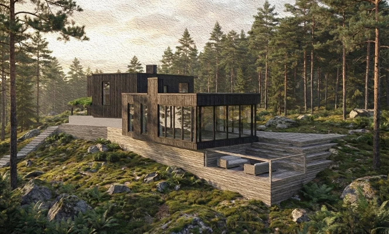 Sketches for our extension &amp; transformation project in Nacka. A tricky assignment, working with extremely challenging topography and an existing building at the top of a hill. Our extension is designed as a separate yet connected volume, stepping