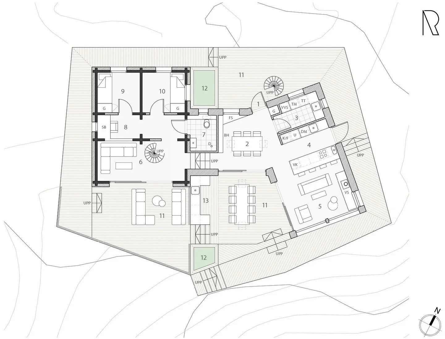 Lower &amp; upper floor plans, showing how we extended and reconfigured the existing stuga. Swipe ⬅️ ⬅️ to see the existing stuga plans (pre extension!)

A beautiful rocky strandtomt on the island of Timrar&ouml;, Stockholm&rsquo;s archipelago. 

The