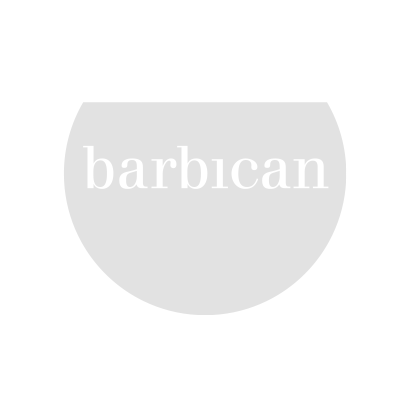 Barbican logo with white text on a red circular background.