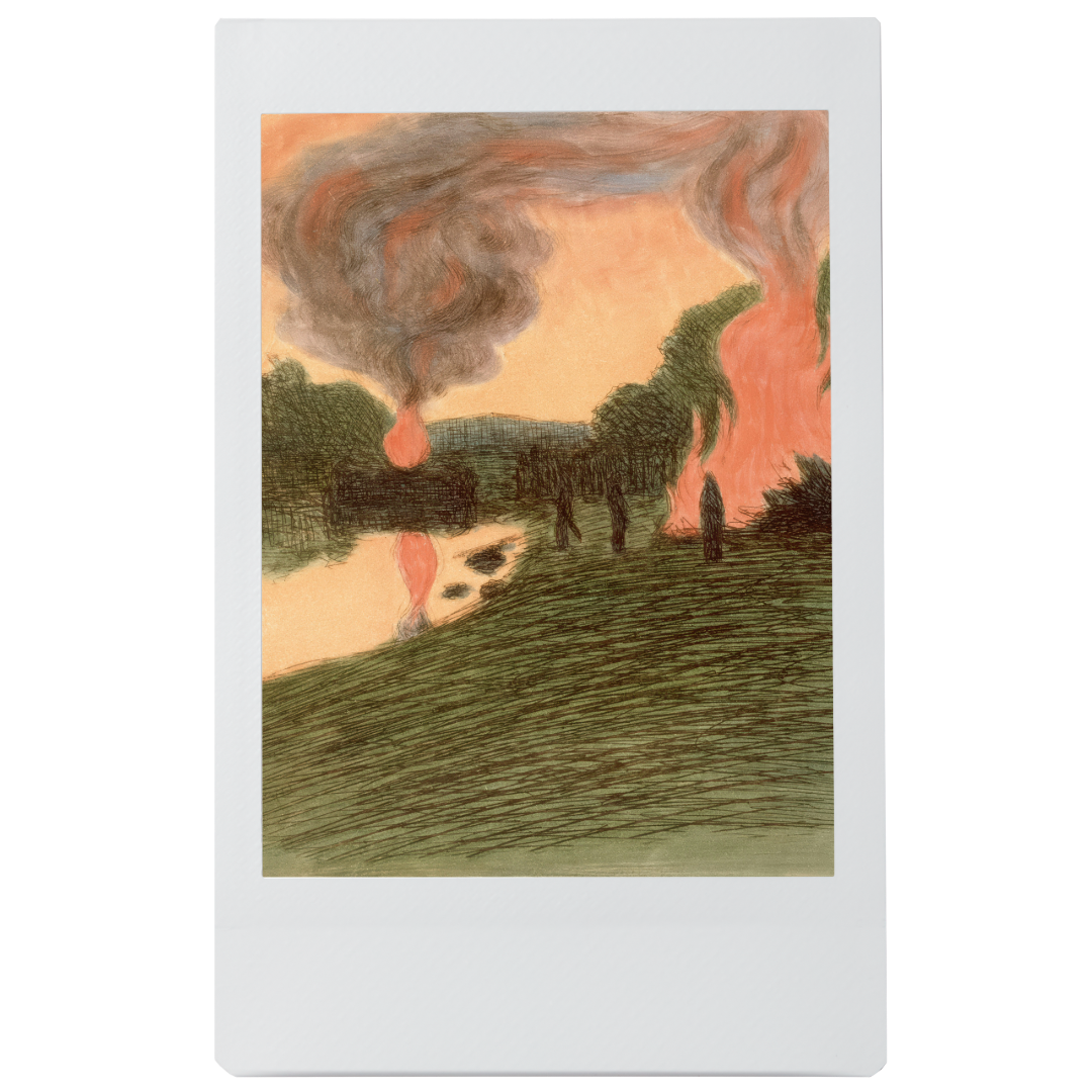 Artwork sketch of crew lighting piles for a prescribed burn