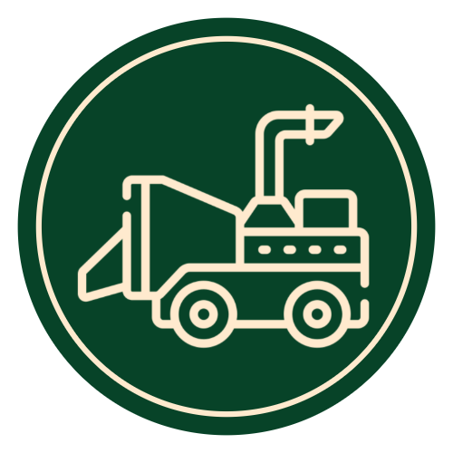 Icon of a mobile kitchen cart with an umbrella, stove, and wheels on a dark green background.