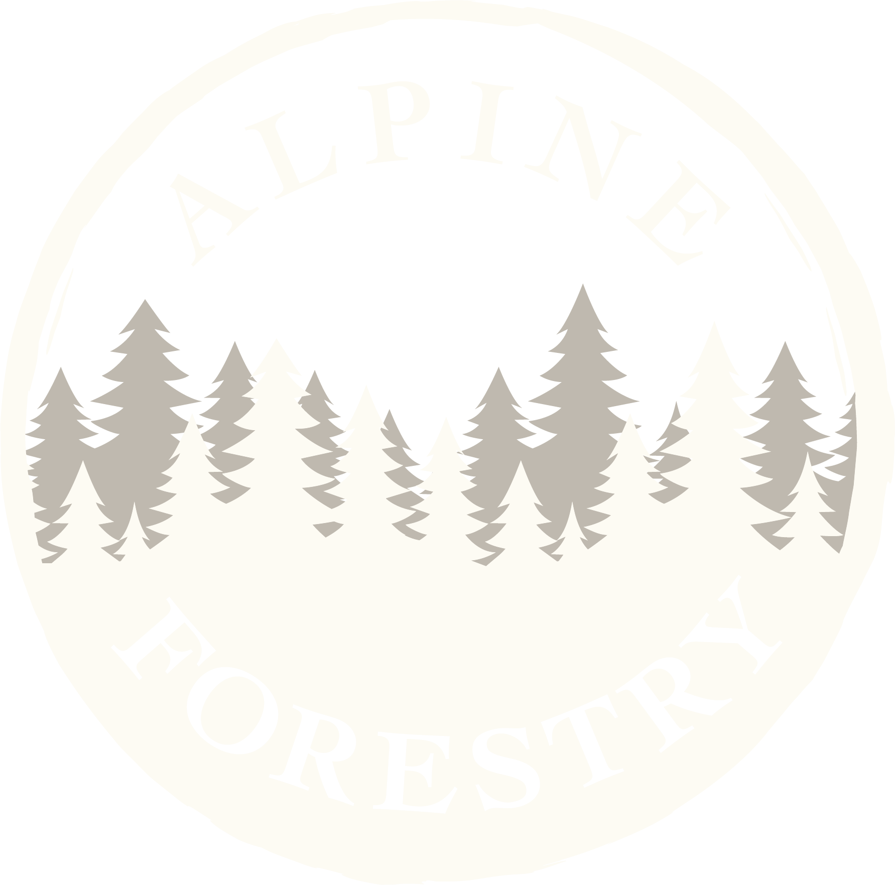 Logo for Alpine Forestry featuring stylized trees in black, white, and gray with the words "Alpine" at the top and "Forestry" at the bottom.