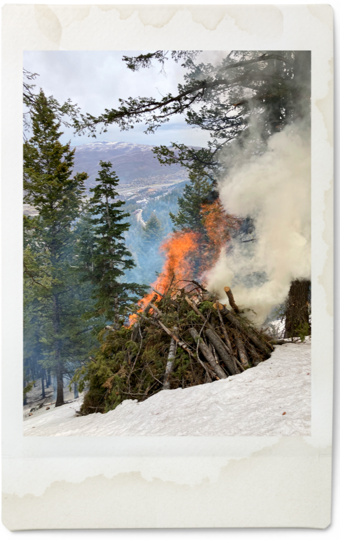 burn pile sending smoke and fire up, surrounded by snow and trees with mountains in the background