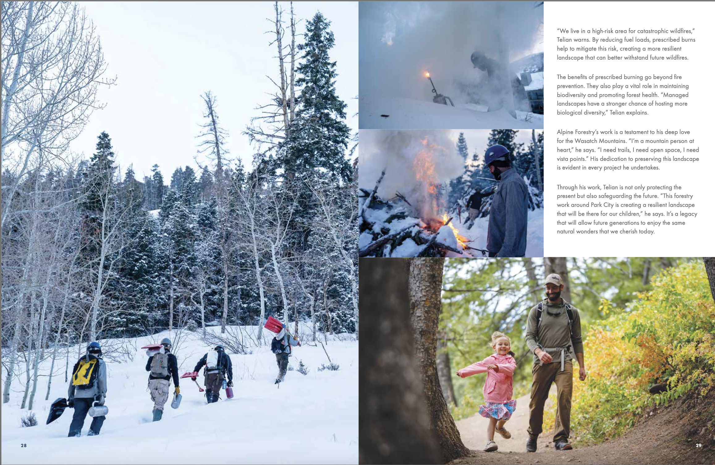 Images of outdoor activities. The left side shows a group of hikers walking through a snowy forest winter landscape. The top right depicts firefighters battling a wildfire in a snow-covered area. The middle right features a firefighter tending to burning debris in a snow-covered forest. The bottom right shows a man and a young girl hiking on a forest trail surrounded by green foliage.