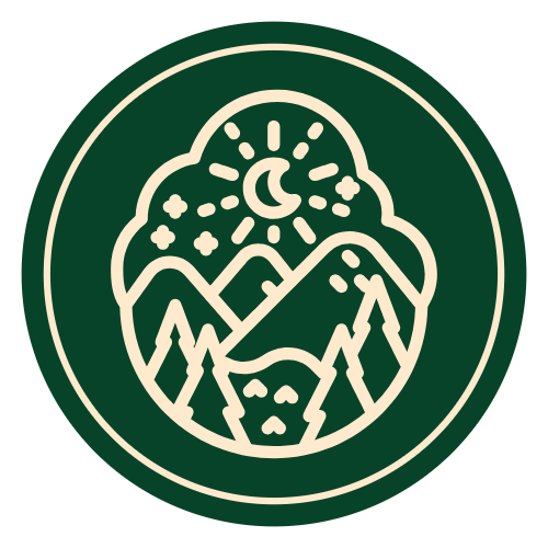 Nighttime mountain landscape with a crescent moon, stars, and clouds, surrounded by a circular border.